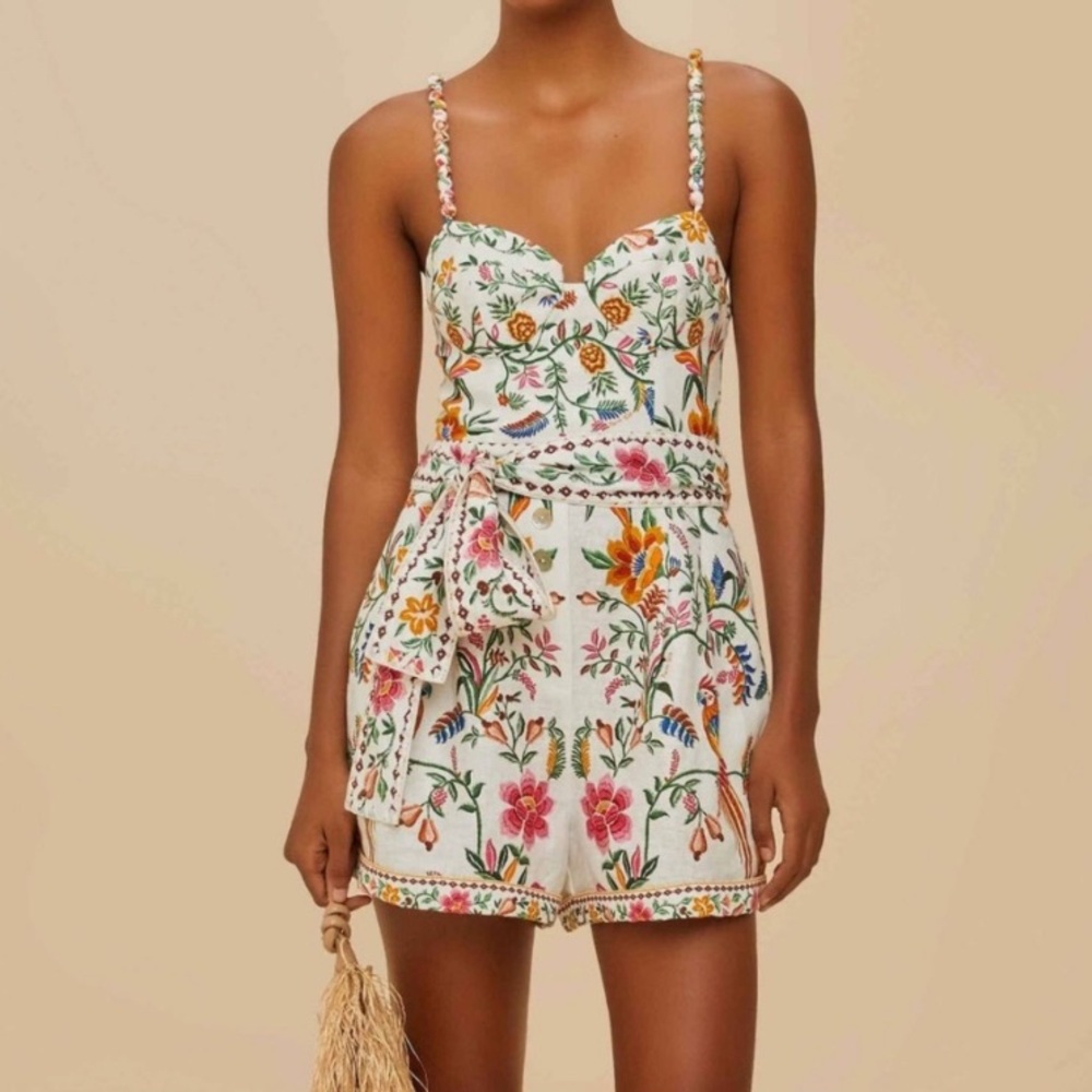 NEW FARM Rio Off-White Delicate Forest Euroflax™ Premium Linen Romper Size XL